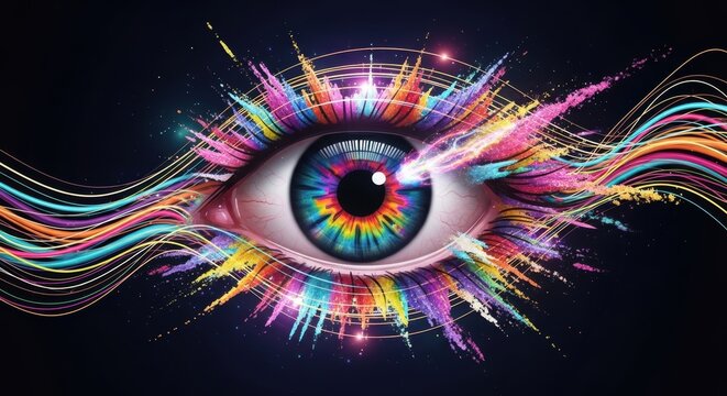 A vibrant and colorful human eye with an explosion of radiant light and artistic paint splatters surrounding it.
