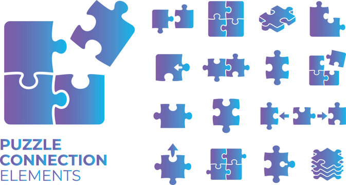 Puzzle connection elements in blue and purple gradient, abstract puzzle pieces forming connections.