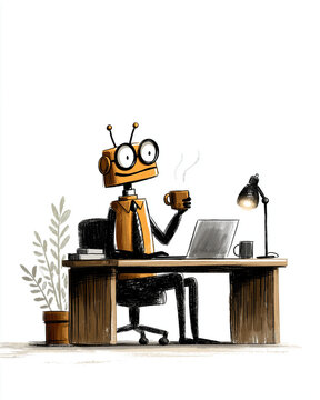 Robot's Coffee Break: A charming robot with stylish glasses enjoys a moment of pause, sipping a warm beverage, a modern-day take on a relaxed office scene.