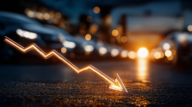 Economic Downturn: Illuminated by a striking, luminous arrow, the image symbolizes decline and economic uncertainty with a focus on business and automotive industries.