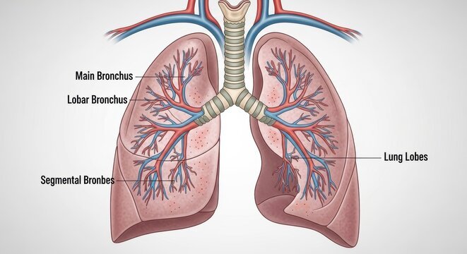 Anatomical illustration of human lungs and respiratory system, showing bronchi and lung lobes.