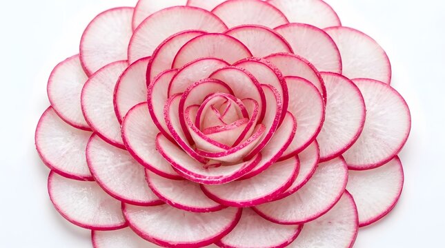 Vibrant pink-rimmed radish slices meticulously arranged forming delicate concentric bloom design, showcasing fresh culinary ingredient artistry.