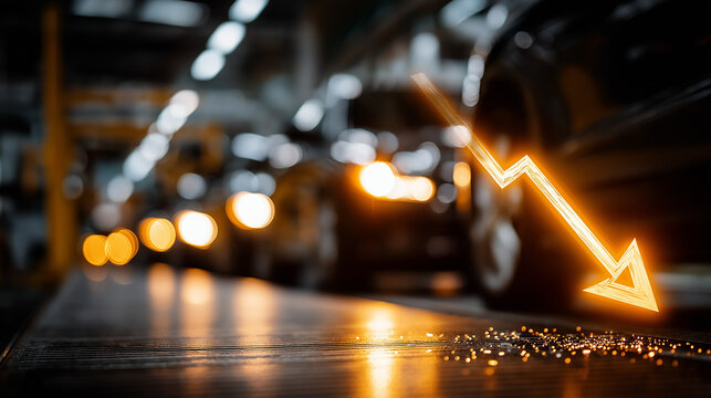 Economic Downturn in the Automotive Industry: A stark visual depicting the downturn in the automotive sector, with a downward-trending arrow superimposed over an assembly line.