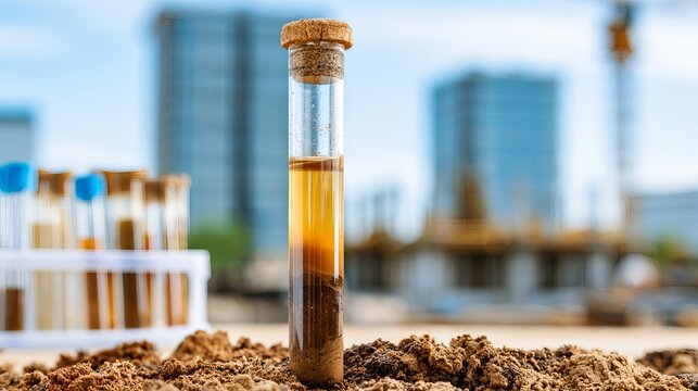 A test tube filled with soil and liquid stands in front of a blurred cityscape and other test tubes.
