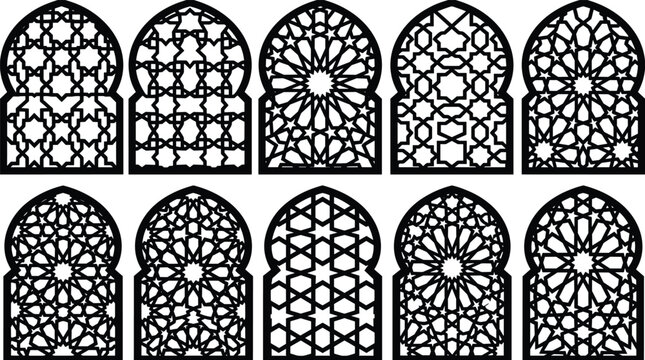 Islamic Arch Window Frame Set with Arabic Geometric Ornaments for Laser Cutting, CNC Router Engraving, Ramadan Silhouette Designs, and Architectural Decoration Templates