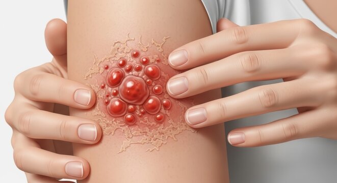 Close up of a painful looking red blister on skin with inflammation and surrounding irritation.