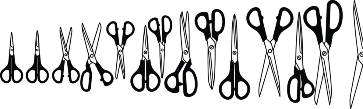 Scissors vector icons set featuring open and closed cutting shears tailored for sewing dressmaking office supply crafting school stationery and professional barber silhouette collection