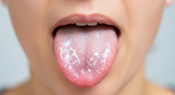 Close up of person's tongue with white coating and patches, symptom of thrush or oral infection.