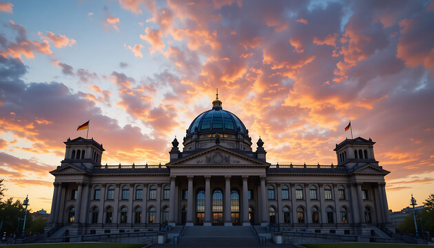 Reichstag building, berlin, germany, at sunset with vibrant sky and german flags government building