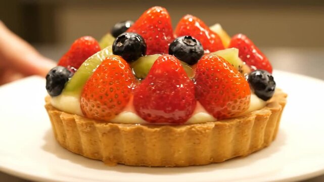 Fresh fruit tart with strawberries kiwi and blueberries on white plate dessert baking