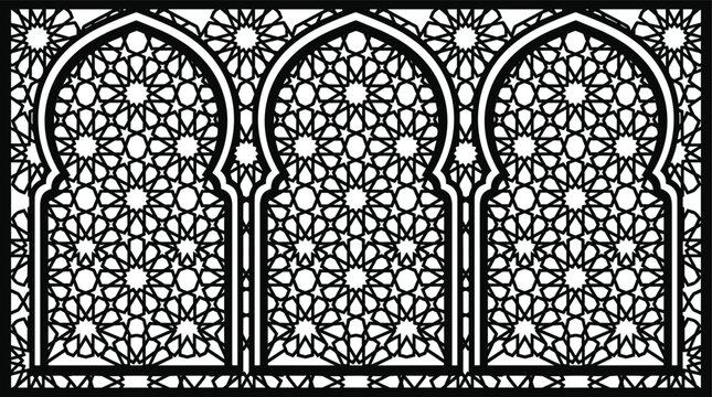 Traditional Islamic Geometric Pattern Arch Panel Vector with Moroccan Laser Cut Jali Screen Grille for Ramadan Mubarak, Mosque Architecture, and Arabic Interior Decoration Elements