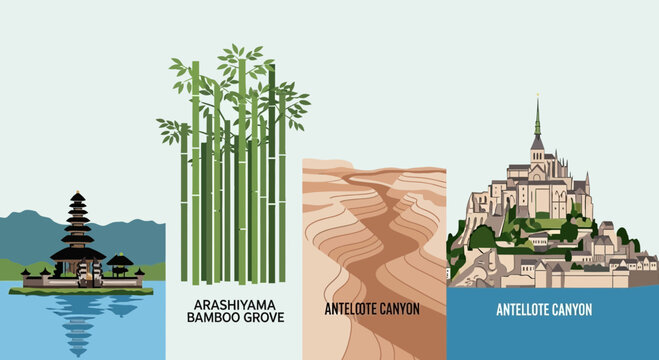 Famous Landmarks and Nature: Bali Temple, Bamboo Forest, Canyon, Mont Saint-Michel