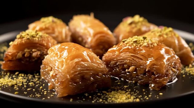 Golden baklava pastries with pistachios on dark plate close-up dessert food