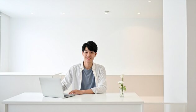 ミニマルな白いデスクで勉強する学生のクリーン学習シーン