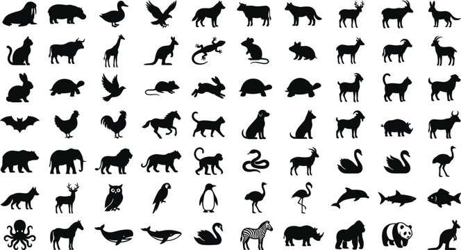Mega animal silhouettes collection featuring wild mammals birds marine sea life farm pets reptiles safari fauna zoo creatures comprehensive vector icon mega pack set