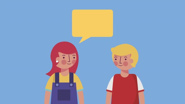 Animated young girl and boy characters talking with speech bubble on blue background.