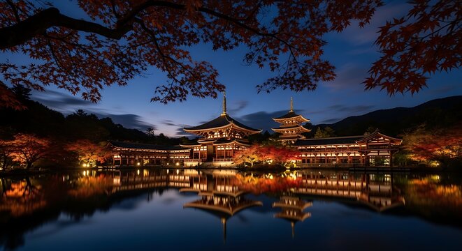 Japanese temple by serene lake at dusk.