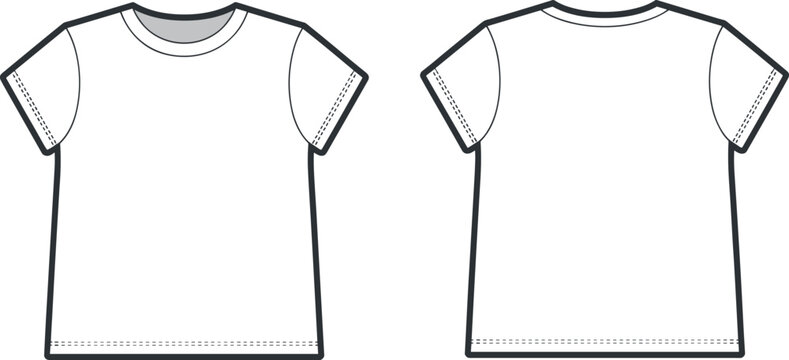 Technical flat sketch of kids' short sleeve crew neck t-shirt basic children's tee front and back view vector template for apparel design
