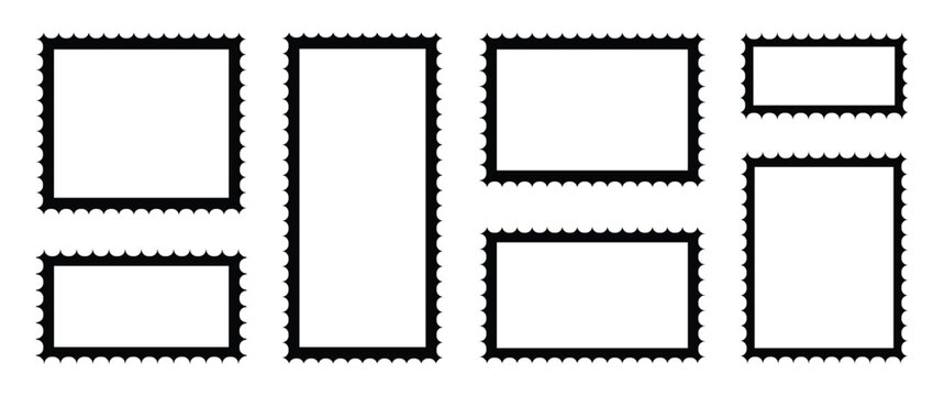 Set of blank rectangle and square Postage stamp frames. Postage stamp vector icons. Postal shapes outline border. Blank frames for mail letter. Vector illustration.