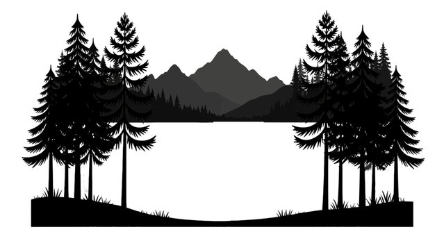 Mountain landscape silhouette, pine tree forest, scenic nature border, black icon