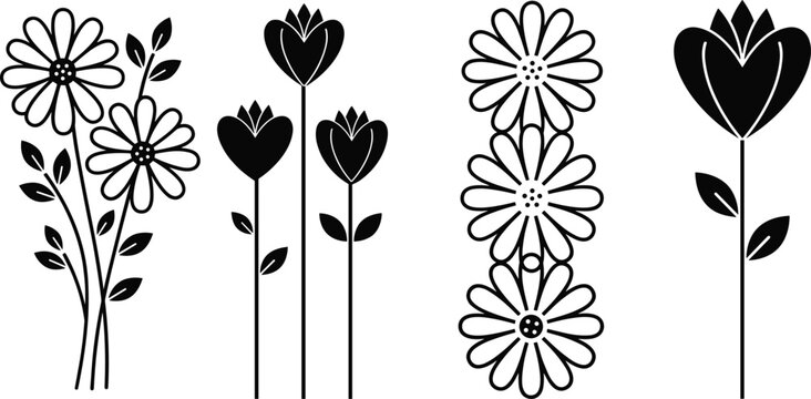 Minimalist floral collection vector shapes featuring daisy bouquet heart shaped tulip stems and vertical repeating flower border elements black stencil silhouettes design template