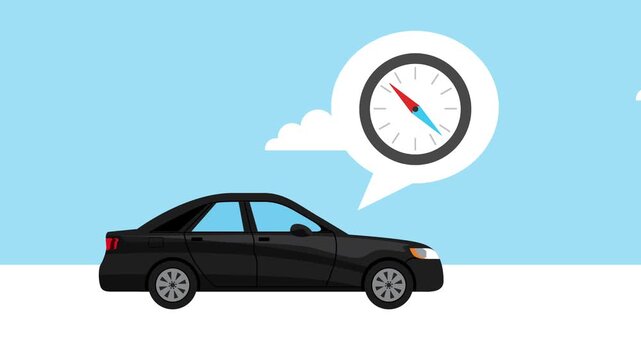 Animation of black car traveling through landscape with navigation compass bubble appearing in blue sky.