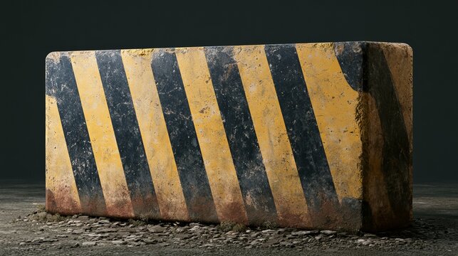 A worn and weathered concrete barrier with yellow and black stripes sits on a gravel surface against a dark background