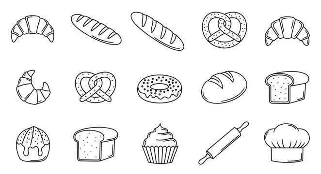 Collection of hand drawn bakery items and baking tools.