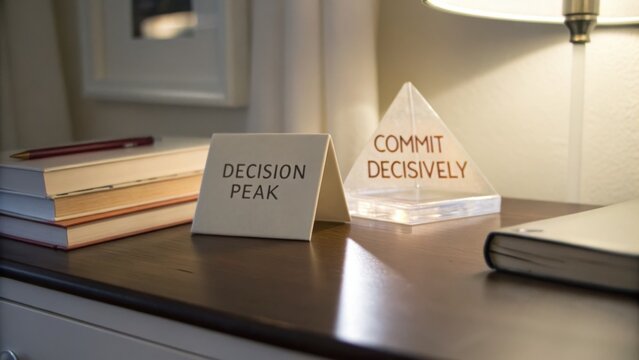 Thought-Provoking Workspace Motivation with Decision Peak Sign and Commit Decisively Pyramid on Wooden Desk with Books and Lamp