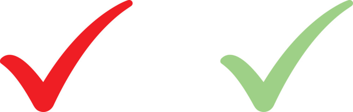 Red and green check mark vector icons set featuring stylized dynamic ticking symbols for validation success confirmation approval voting and user interface survey design