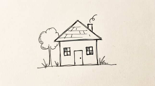 A simple, hand-drawn sketch of a house with a tree and a chimney, set against a plain background.