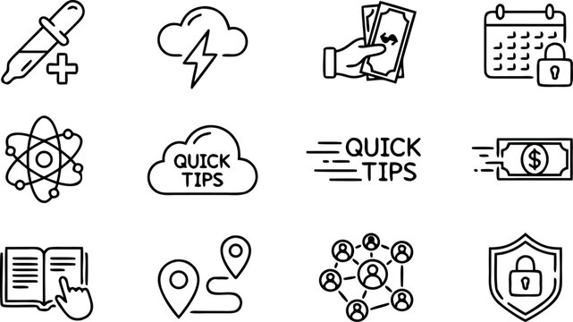 Business analysis and quick tips line icon set with atom science cloud money calendar and shield