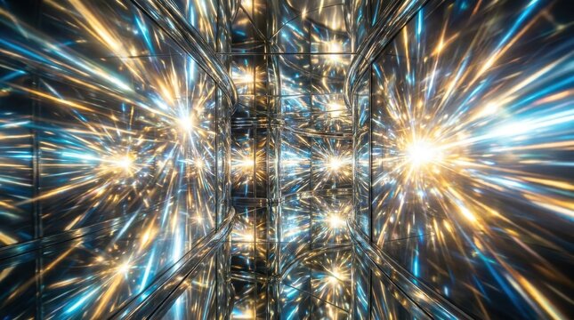 An intricate, reflective passageway filled with dazzling, starburst-like lights, creating a vibrant and futuristic visual experience.