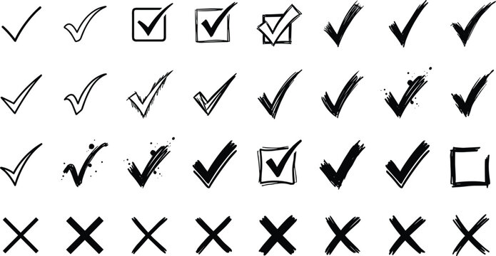 Hand drawn check mark and cross icons pack featuring grunge brush strokes checkbox ticks and wrong marks collection black ink vector sketches for surveys list