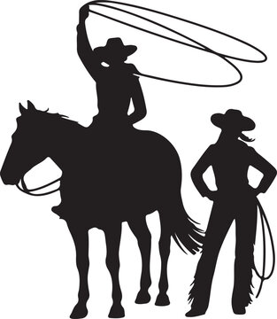 Set of cowboy and horse silhouettes - Western riding discipline Reining vector collection