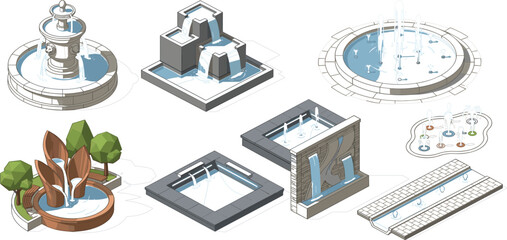Modern Fountain and Water Feature Collection Featuring Decorative Urban Cascades, Park Installations, Landscape Elements, and Architectural Outdoor Design Illustrations © Ruma