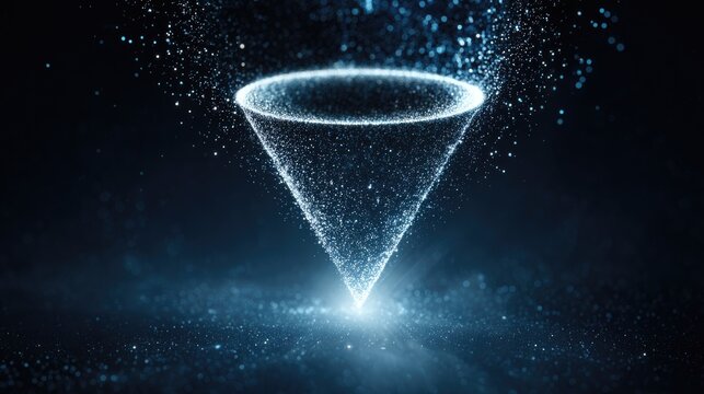 Abstract representation of a glowing conical shape formed by luminous particles and light beams in a dark environment
