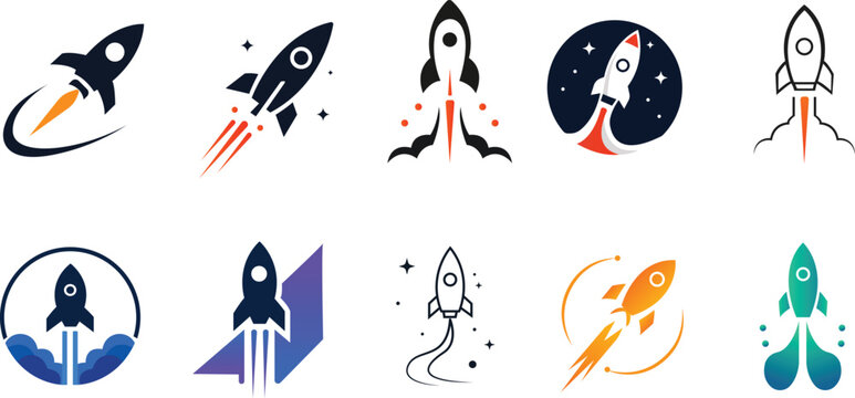 Modern rocket launch logo collection featuring creative space startup vector icons with futuristic branding elements, minimal shapes, and colorful aerospace inspired designs.