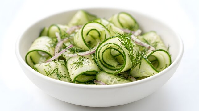 Fresh vibrant green rolled cucumber salad, elegantly prepared with dill and shallots, served in a white bowl, perfect for healthy dietary content.