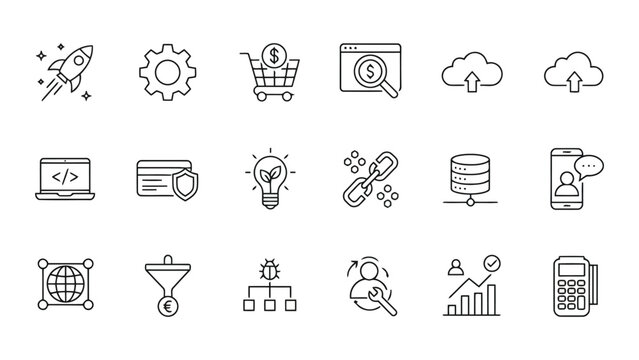 Versatile icon set featuring e-commerce and web development symbols for digital business solutions and online service platforms with a professional clean aesthetic