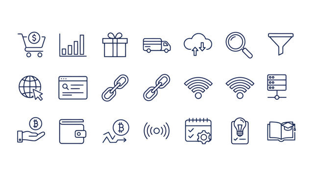 Set of financial and network connectivity icons for digital e-commerce and global business platforms featuring modern linear design for professional web applications