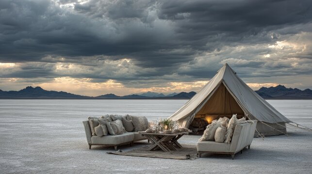 Beautiful Desert Glamping Tent Setup with Cozy Furniture Against Dramatic Cloudy Sky at Dusk