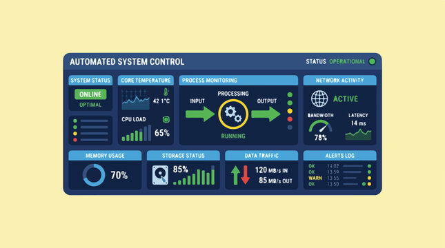 Automated system control dashboard interface showing data analytics.