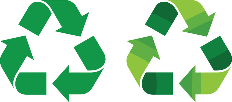Green recycle symbol vector icons set featuring classic solid flat loop and stylized multi shade gradient arrows for ecological sustainability conservation product packaging design