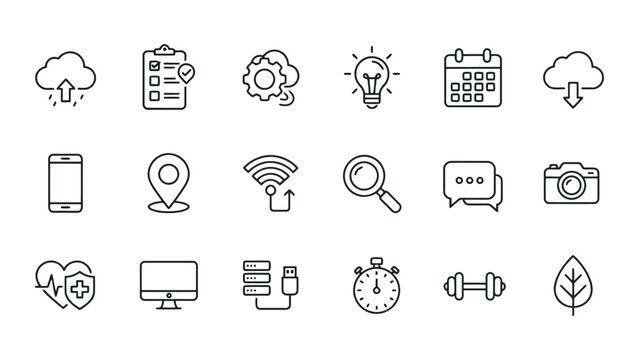 General purpose digital technology and lifestyle line icons set featuring cloud sync connectivity search and health tracking symbols