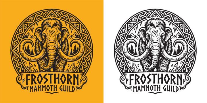 Vintage Frosthorn Mammoth Guild Emblem with Nordic Geometric Border and Mountain Landscape