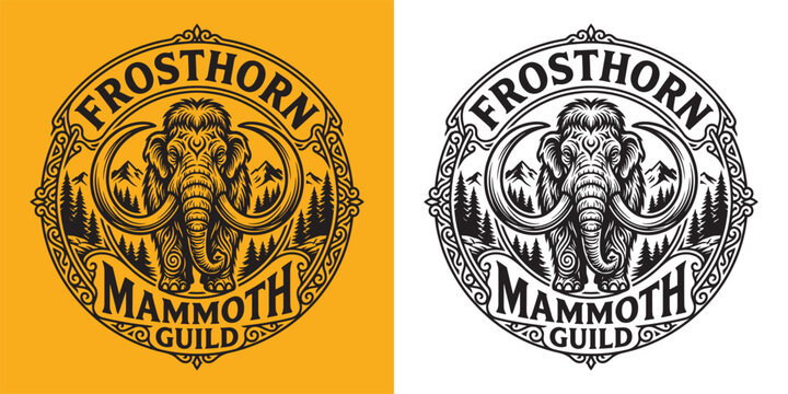 Ornate Circular Mammoth Badge Design for Frosthorn Mammoth Guild with Filigree Details