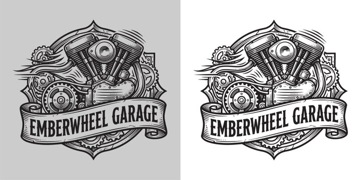 Vintage Emberwheel Garage Mechanic Emblem with Engine Gears and Decorative Ribbon