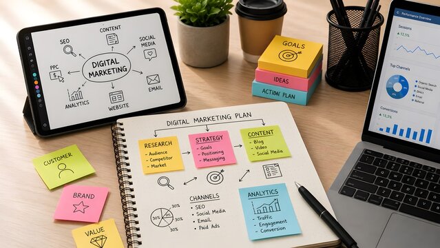 Top view of a digital marketing plan on an open notebook with tablet, laptop, and sticky notes on a wooden desk. Business strategy, online campaign, and analytics concept.