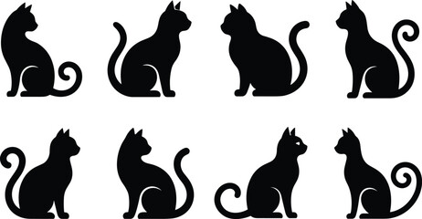 Elegant sitting cat silhouette vector icons set featuring graceful domestic feline pets with curly tails in various profiles for witch Halloween and veterinary clinic design © MDSaiful